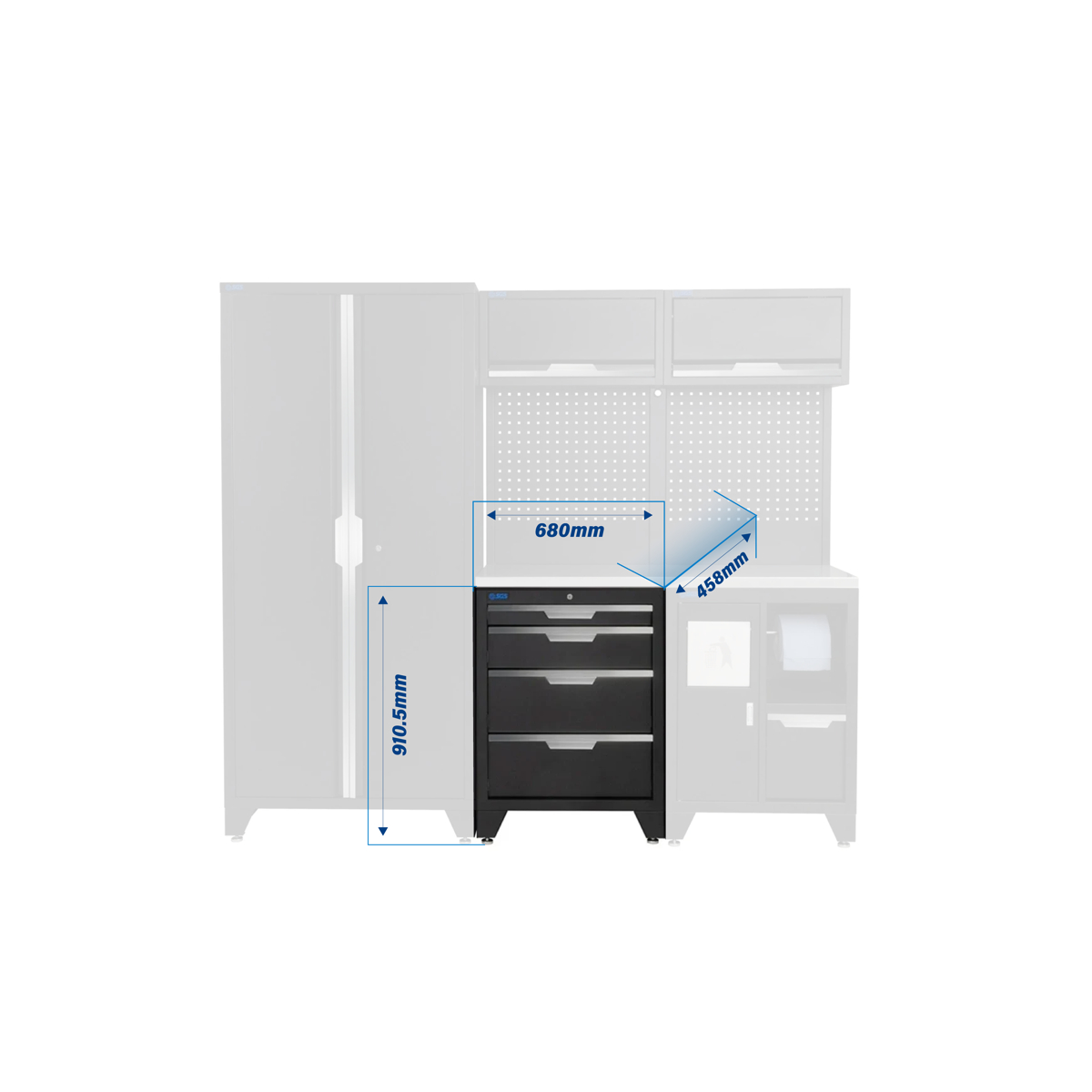 SGS 7pc Modular Garage Storage | 4 Drawers | Stainless Steel Worktop | Bin Unit | 2x Upper Cabinets | Tall Double Cabinet